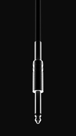 High contrast image of a guitar jack against an inky black background. This image is a 3d rendering.