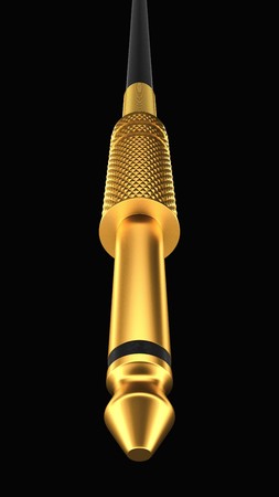 Image of a knurled gold plated guitar jack featuring extreme foreshortening and an infinite depth of field. This image is a 3d rendering.の写真素材