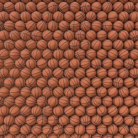 Aerial shot of a massive ordered grid of randomly rotated orange basketballs. This image is a 3d rendering.の写真素材