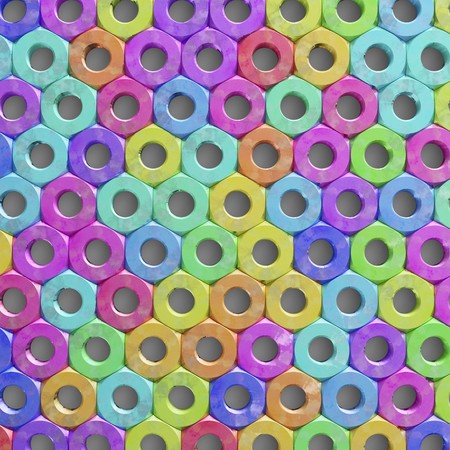 Aerial perspective on a perfectly packed grid of steel hardware nuts, their surfaces stained with various colors, on a neutral colored surface. This image is a 3d rendering.の写真素材