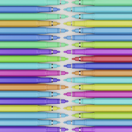 Aerial perspective of an array of brightly colored technical pens. Their lines are offset for visual interest. This image is a 3d rendering.の写真素材