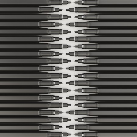 Aerial perspective of an array of black technical pens. Their lines are offset for visual interest. This image is a 3d rendering.の写真素材