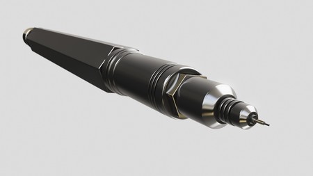 Macro perspective on an ultra finepoint mechanical drawing pen with extreme foreshortening. The background is a slightly offset white. This image is a 3d rendering.の写真素材