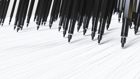 Large array of technical black drawing pens drawing perfect lines on an infinite seamless white  plane. This image is a 3d rendering.の写真素材