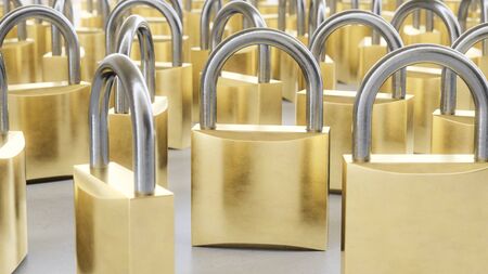 Brightly lit closed padlocks on a reflective concrete surface. This image is a 3d rendering.の写真素材