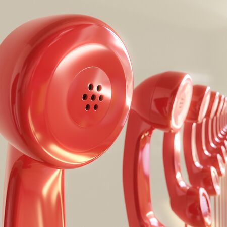 Close up on the head of a line of bright red retro phone handsets against a light background. This image is a 3d rendering and features a shallow depth of field.の写真素材