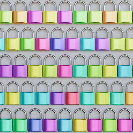 Even rows of brightly colored, closed padlocks on a clean concrete surface. This image is a 3d...