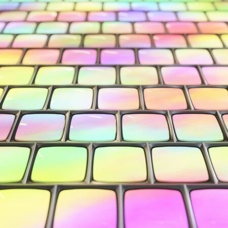 Array of square crt monitors showing a concert rainbow texture across each other. This image...