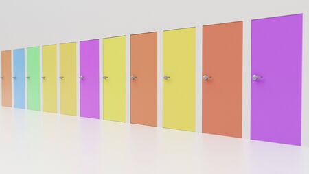 Line of variously colored wooden doors to illustrate possibility. This image is a 3d rendering.の写真素材