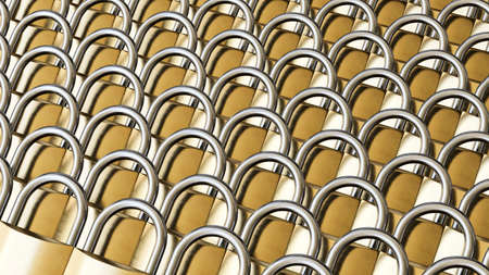 Layered arrays of immaculate padlocks under bright studio lighting. This image is a 3d rendering.の写真素材