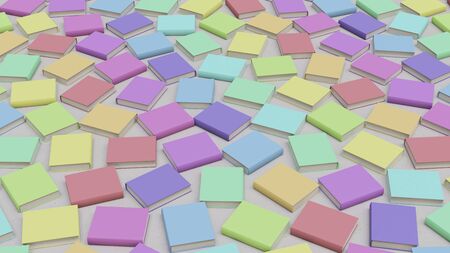 Large array of pastel covered books on a simple white concrete floor. This image is a 3d render.