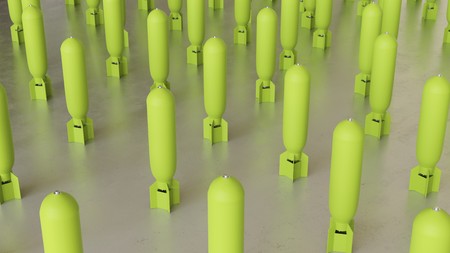 Array of upright green bombs on a reflective white concrete floor. This image is a 3d render.