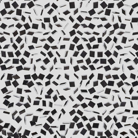 Flat array of variously rotated black hardcover books floating against a black background. This image is a 3d render.の写真素材