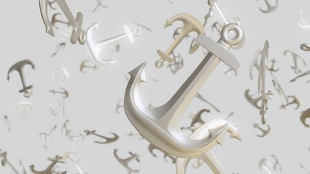 Shiny metal anchors floating in an empty white space. This image features shallow depth of field and...