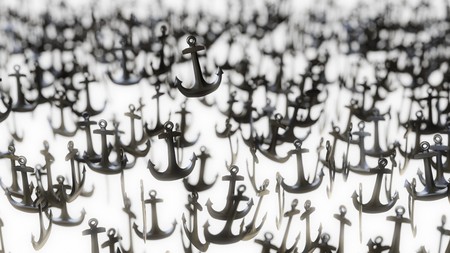 Huge swarm of black metal anchors floating in a luminous white space and presented with a shallow depth of field. This image is a 3d render.の写真素材