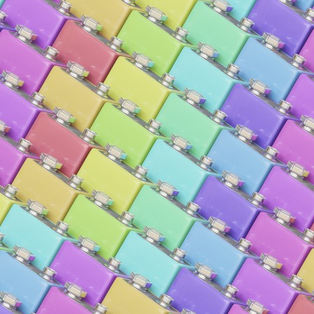 Isometric perspective on a layered array of brightly colored nine volt batteries under bright studio lighting. This image is a 3d render.の写真素材