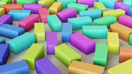Neat uniform array of variously coloured Shipping Containers under clean studio lighting. This image is a 3d illustration.の写真素材