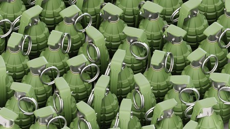 Perfect grid of Green Grenades presented with even studio lighting and smooth depth of field. This image is a 3d illustration.の写真素材