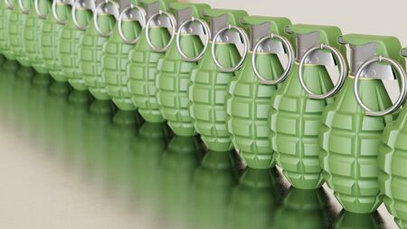 Close up on a tightly packed, perfectly aligned linear array of variously colored Grenades on a simple modernist neutral surface. This image is a 3d render.の写真素材