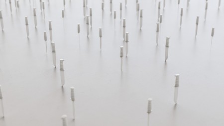 Large scattered array of White Plastic Toy Hunting Knives arranged on a minimally textured white concrete surface. This image is a 3d rendering.の写真素材