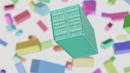 Floating Shipping Container against a white background and array of out of focus Shipping Containers of various colors. This image is a 3d render.の写真素材