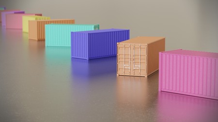 Neat line of variously oriented Shipping Containers on a modern minimalist neutral surface. This image is a 3d rendering.の写真素材