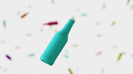 Floating white longneck bottles against a white background and array of out of focus opaque longneck bottles on various colors. This image is a 3d render.の写真素材