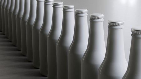 Close up on a tightly packed, perfectly aligned linear array of variously colored opaque longneck bottles on a simple modernist neutral surface. This image is a 3d render.の写真素材