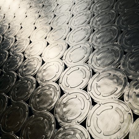 Isolated infinite array of densely packed film reel cans presented with a shallow depth of field. This image is a 3d illustration.の写真素材