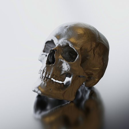 Shiny titanium skull sculpture presented on a reflective glossy surface. This image is a 3d render.の写真素材