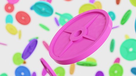 Floating iron weight plates against a white background and array of out of focus weight plates on various irons. This image is a 3d render.の写真素材