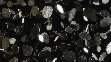 Numerous floating steel film reel cans at varying angles on a blank white background. This image is a 3d rendering.の写真素材