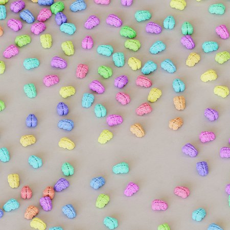 Playfully scattered Brains of various colours on a clean white concrete studio floor. This image is a 3d illustration.の写真素材