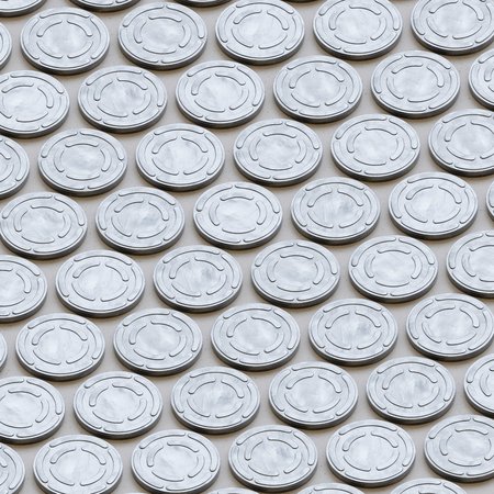 Perfect grid of steel film reel cans presented with even studio lighting and smooth depth of field. This image is a 3d illustration.の写真素材