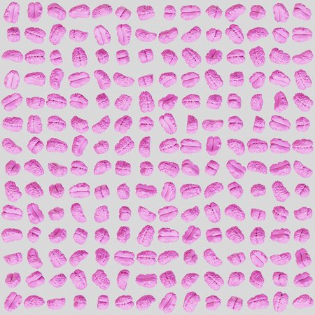 Huge float array of various rotated pink Brains at equal distances on a blank white background. This image is a 3d render.の写真素材