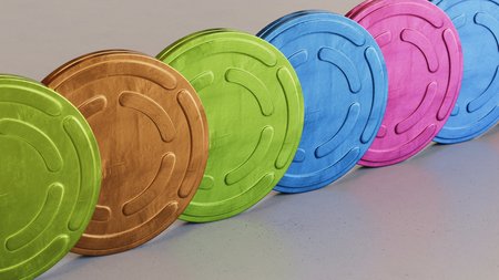 Neat line of variously oriented film reel cans on a modern minimalistic neutral surface. This image is a 3d rendering.の写真素材