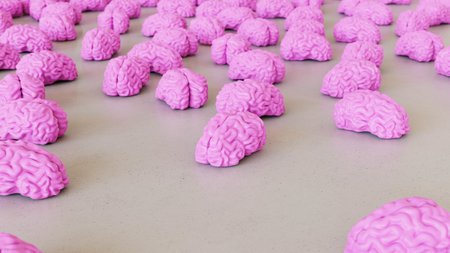 Large scattered array of pink Brains arranged on a minimally textured white concrete surface. This image is a 3d rendering.の写真素材
