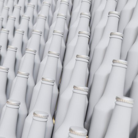 Isolated infinite array of densely packed opaque longneck bottles presented with a shallow depth of field. This image is a 3d illustration.の写真素材