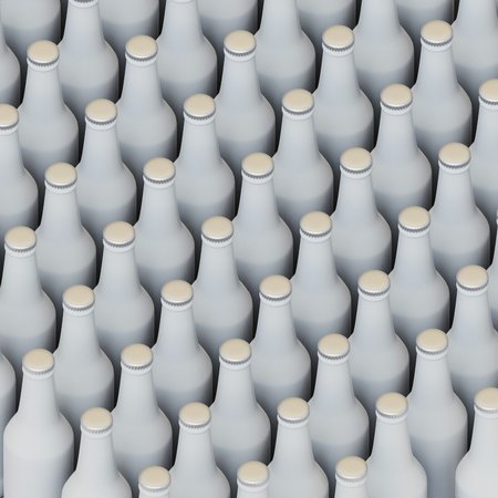Perfect grid of white opaque longneck bottles presented with even studio lighting and smooth depth of field. This image is a 3d illustration.の写真素材