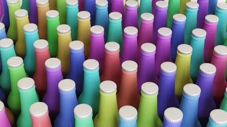 Neat uniform array of variously coloured opaque longneck bottles under clean studio lighting. This image is a 3d illustration.の写真素材