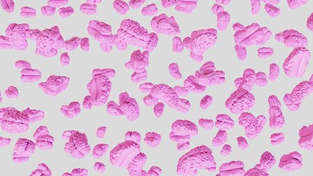 Numerous floating pink Brains at varying angles on a blank white background. This image is a 3d rendering.の写真素材