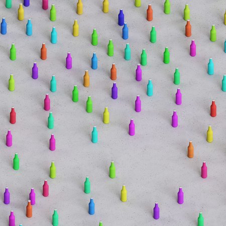 Playfully scattered opaque longneck bottles of various colours on a clean white concrete studio...