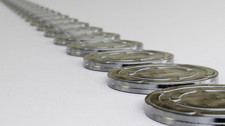 Close up on a tightly packed, perfectly aligned linear array of variously colored film reel cans on...
