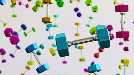 Floating black dumbells against a white background and array of out of focus dumbells of various colors. This image is a 3d render.の写真素材