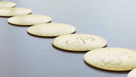 Neat line of variously oriented dollar symbol coins on a modern minimalistic neutral surface. This image is a 3d rendering.の写真素材