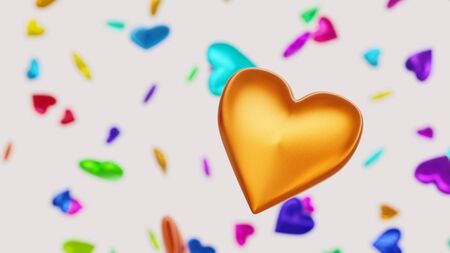 Floating heart against a white background and array of out of focus hearts of various colors. This image is a 3d render.の写真素材