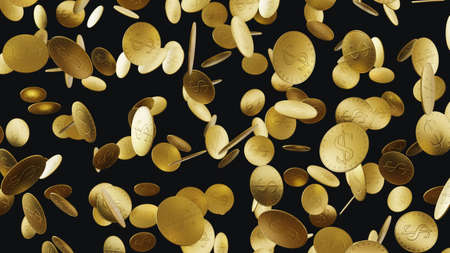 Numerous floating gold dollar symbol coins at varying angles on a blank white background. This image is a 3d rendering.の写真素材