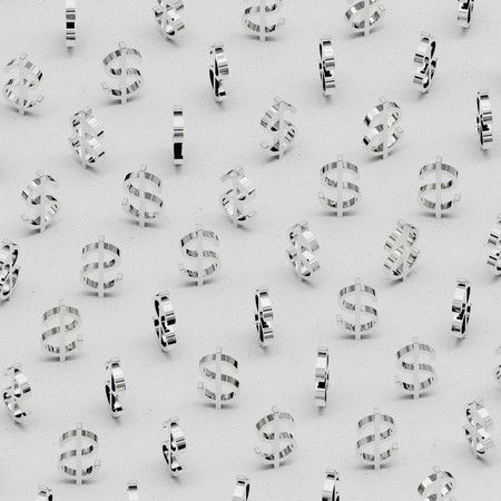 Perfect grid of Gold Dollar Symbols presented with even studio lighting and smooth depth of field. This image is a 3d illustration.の写真素材