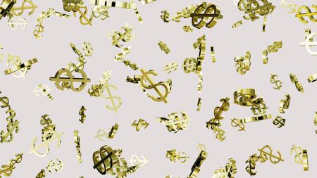 Numerous floating Gold Dollar Symbols at varying angles on a blank white background. This image is a 3d rendering.の写真素材