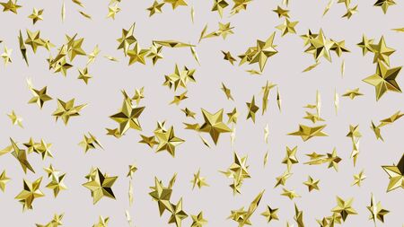 Numerous floating gold stars at varying angles on a blank white background. This image is a 3d rendering.の写真素材